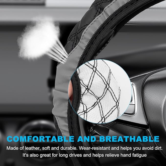 Car Steering Wheel Cover, 15 Inches Non-Slip Leather Car Steering Wheel Protector, Universal Steering Wheel Soft Cover Mats for Car Truck SUV, Interior Car Accessories (Gray)