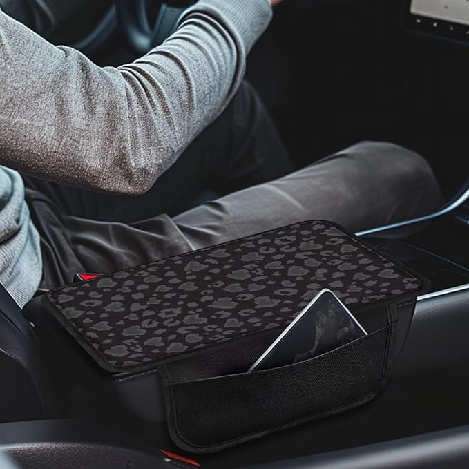 Dreaweet Black Leopard Print Car Accessories Center Console Covers with Pockets Cheetah Print Armrest Cover for Truck SUV Car Arm Rest Cushion Pad Soft Comfortable