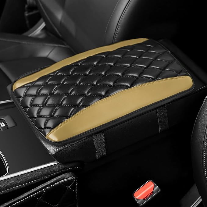 Car Center Console Cover, Leather Waterproof Armrest Seat Box Cushion Pad, Universal Decor Protector Mat, Comfortable Car Decor Accessories Fit for Most Cars, Vehicles, SUVs (Beige)