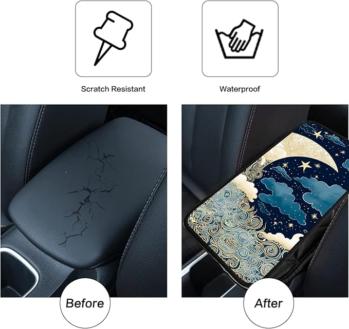 JANENFNA Car Armrest Cover Pads Universal Fashion Cute Auto Center Console Armrest Cover Pad with 2PCS Car Coasters Soft Waterproof Car Armrest Seat Protector for Women,Blue Gold Moon Stars