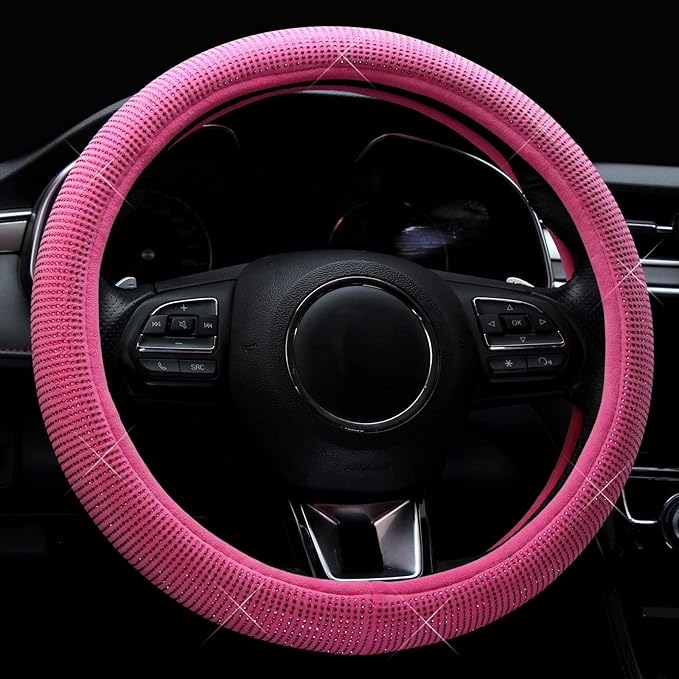 Valleycomfy Steering Wheel Cover for Women Bling Bling Crystal Diamond Sparkling Car SUV Wheel Protector Universal Fit 15 Inch (Rose,Standard Size(14" 1/2-15" 1/4))
