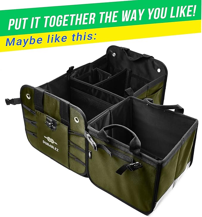 DURABLEZ Heavy Duty 3-Section Trunk Organizer – Extra Large Collapsible & Foldable Cargo Box, Modular Car Storage System for SUV, Truck, Van – Green