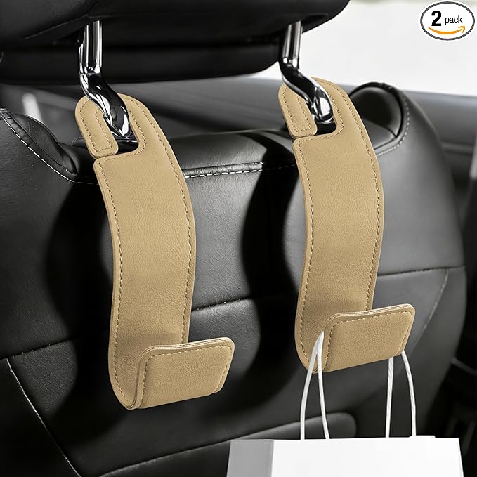 2PCS Purse Holder for Car, Purse Hook for Car, Leather Headrest Hooks for Automotive Back Seat, Auto Accessories Back Seat Organizer Hook for Grocery Bag Handbag Coat (Beige, 2PCS)