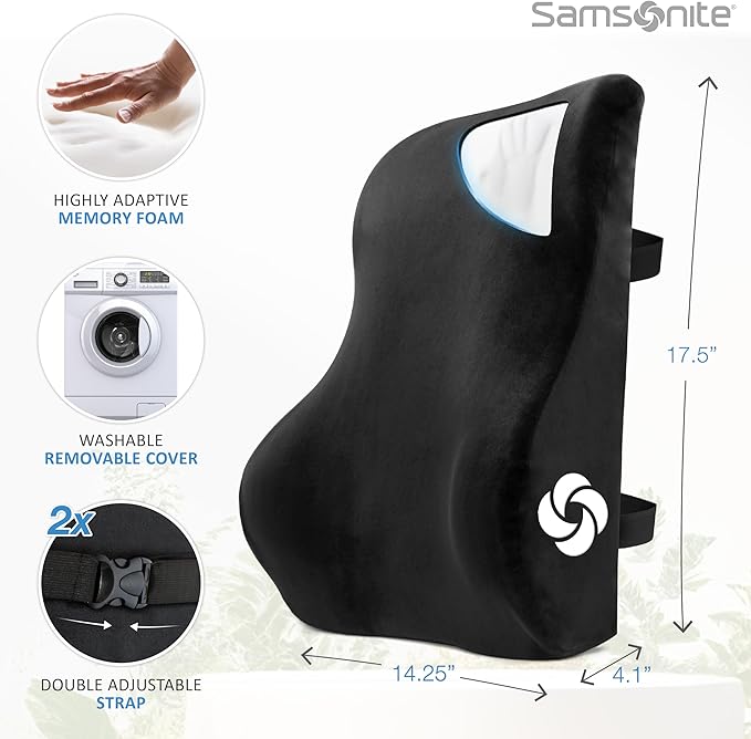 Samsonite Lumbar Support Pillow Mid and Lower Back– Office Chair Back Cushion, Gaming Chair, Desk Chair, Car Seat Lumbar, Work from Home Office Accessories, Black