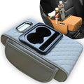 Multifunctional PU Leather Car Armrest Box Mat, 5-in-1 Multifunctional Car Armrest Cushion, Center Console Cover with 2 Cup Holder, For Storing Tissues, Phones, Wallets, Drinks, for Most Cars (Gray)