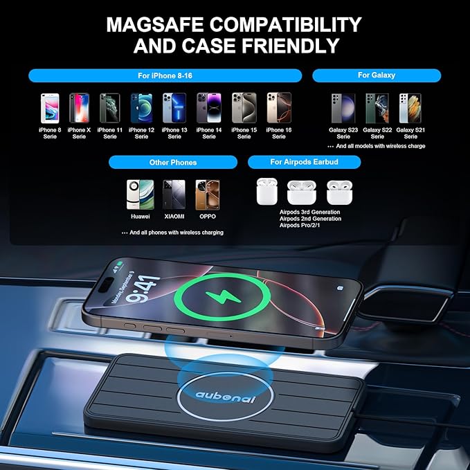 Wireless Car Charger Pad, 15W Fast Charging Pad with 70cm Extension Cable, Non Slip Car Wireless Phone Charger Mat Compatible with iPhone 16/15/14/13, AirPods, Samsung S25 S24(Extension USB-C)
