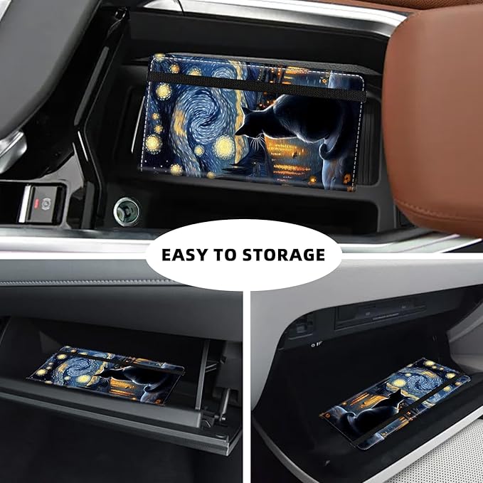 Tudguiloae Car Registration and Insurance Card Holder, Trunk Document Holder Organizer, Essential Vehicle Glove Box Organizer PU Leather Wallet for Driver,Starry Night Black Cat