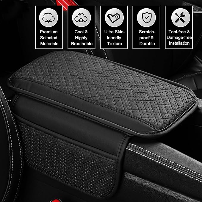 Car Center Console Cover, Perforated Leather Armrest Cushion with 2 Storage Bags, Plaid Arm Rest Box Pad, Car Armrest Storage Box Interior Accessories for Most Vehicles (Black)