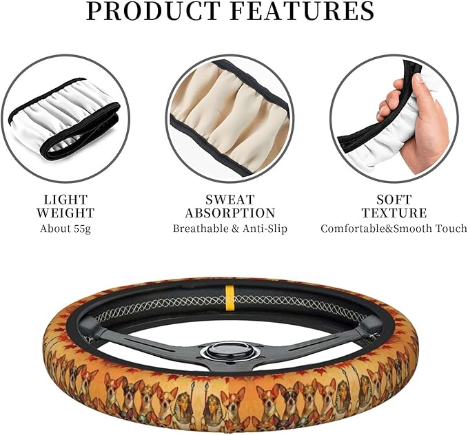 Multi-Color Long-Haired Chihuahua Dog Neoprene Steering Wheel Covers Women Men Car Accessories, Universal 15 Inch Fit Auto, Suvs, Truck