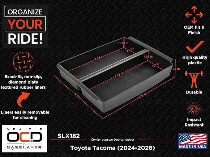 Vehicle OCD – Center Console Divider, Tray, and Glove Box Organizer for Toyota Tacoma (2024-2026) – Made in USA - (NOT for Tacoma i-FORCE MAX hybrid) - SLX514