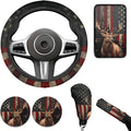 American Flag Vintage Car Steering Wheel Cover Set 6 Pcs Animal Elk Print Cup Holder Armrest Pad Gear Shift Cover,Car Handbrake Covers Auto Accessories for Men