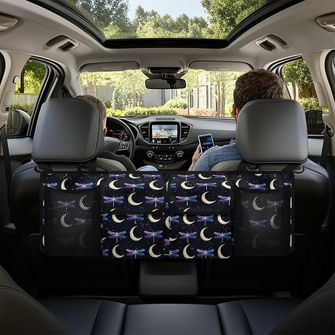 Dragonfly Moon Large Capacity Car Trunk Organizer, Waterproof Oxford Backseat Hanging Storage Bag with 4 Pockets, Foldable Car Organization for Car Tools, Car Accessory for SUV Truck