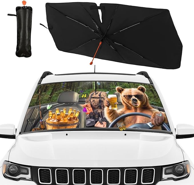 DOPINDU Bear Camping Car Windshield Sun Shade Umbrella Bendable Handle Foldable Funny Sunshade for Car Windshield Block UV Rays Keep Vehicle Cool for Most Sedans SUV Trucks Cars 57"x30"