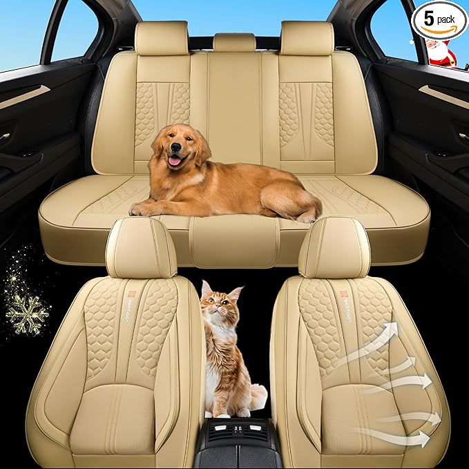 Wertigen Beige Leather Car Seat Covers - Luxury Waterproof Car Seat Protectors with Lumbar Support, Non-Slip Base, Airbag Compatibility, Easy Installation and Cleaning