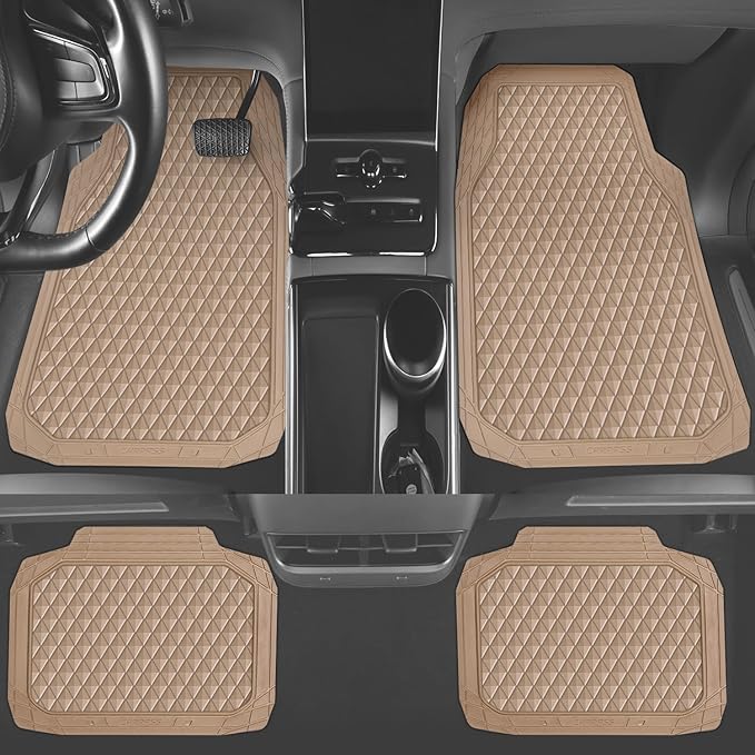 CAR PASS Beige Rubber Car Floor Mats & Cargo Liners, Durable Anti-Slip 3D Rhombus Waterproof Automotive Pad Trim Fit Liner All-Weather Trunk Mats Full Set Universal Fit Auto Van Sedan SUV Truck Beige
