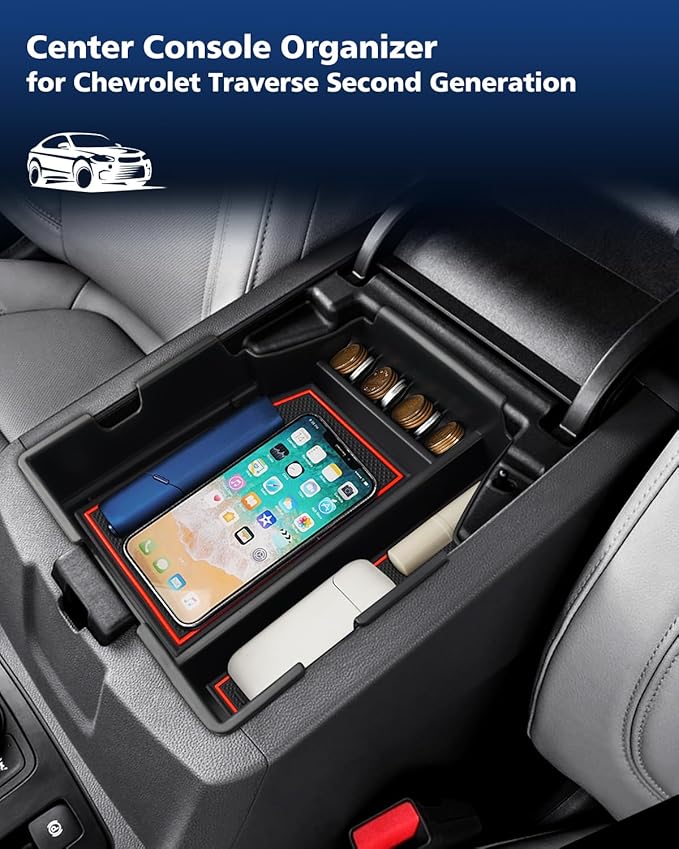 FIILINES Center Console Organizer for Chevrolet Traverse 2018-2023, Center Console Tray Secondary Armrest Storage Box ABS Insert Container with Anti-Slip Mats