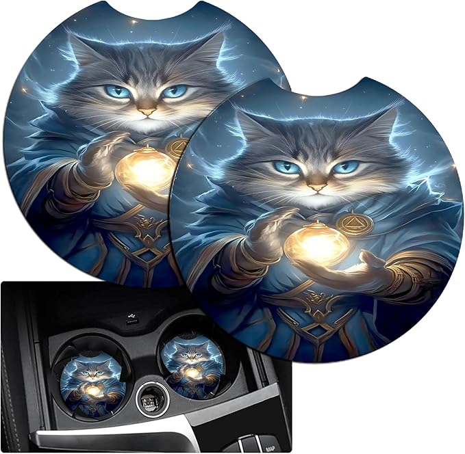 JANENFNA Car Armrest Cover Pads Universal Fashion Cute Auto Center Console Armrest Cover Pad with 2PCS Car Coasters Soft Waterproof Car Armrest Seat Protector for Women,Magic Blue Cat
