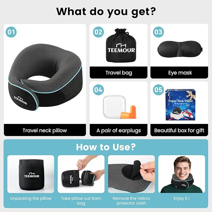 Travel Neck Pillow for Airplane -360° Support, Stocking Stuffers, Memory Foam Travel Pillows for Airplanes With Eye Mask & Earplugs, Portable Carry Bag for Long Flights/Car| Airplane Accessories