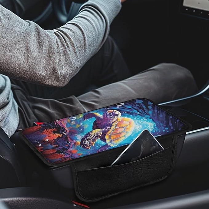 BIGCARJOB Automotive Armrest Cover Cushion Blue Sea Turtle Print Car Center Console Cover Cute Armrest Cover with Side Pockets Universal Car Armrest Box Pad Auto Interior Accessories