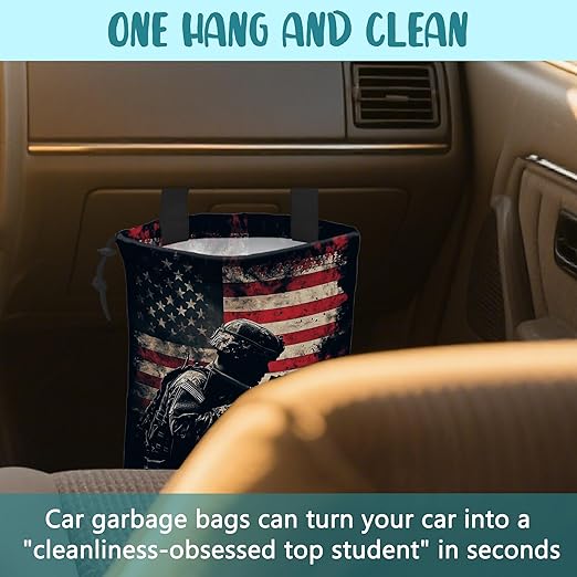 KXWQTRDD Car Garbage Bag American Soldier Holding Rifle Drawstring Car Trash Bag Hanging for Back Seat with Adjustable Buckle Canvas Vehicle Trash Can Easy-to-Install