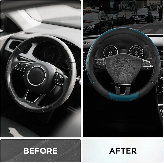 Road Comforts Steering Wheel Cover, Breathable Anti-Slip Leather Steering Wheel Cover, Universal Fit 14.5–15 Inch, Comfortable Grip - Blue Color