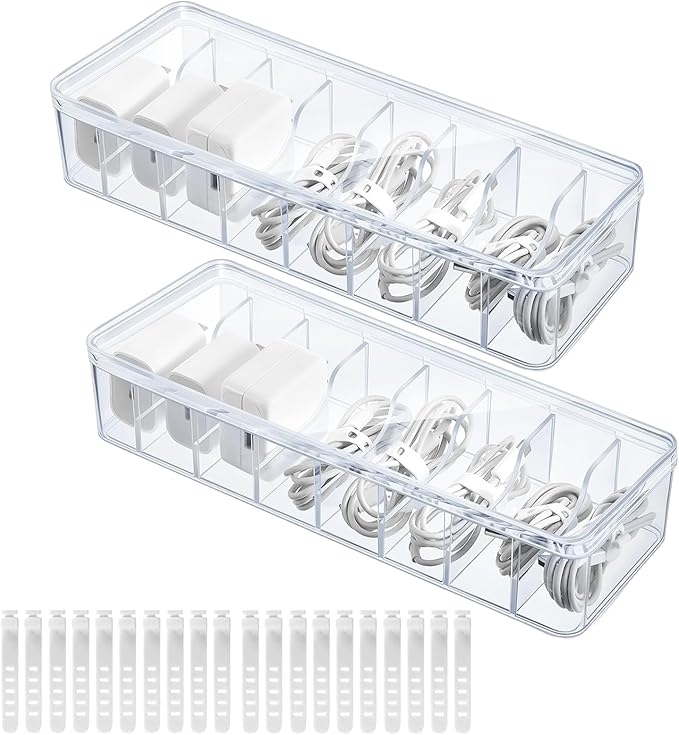 2 Pack Plastic Cord Organizer Box with 20 Wire Ties, Electronics Accessories Storage Case, Clear Cell Phone Cord Storage Organizer with 8 Compartments for Home Office Desk Organizers