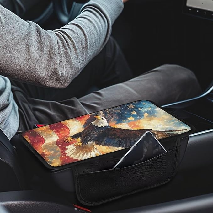 Dreaweet Center Console Cover American Flag Bald Eagle Design Arm Rest Cover for Car Soft Comfortable Center Console Cushion with Pockets Car Armrest Seat Box Cover Protector