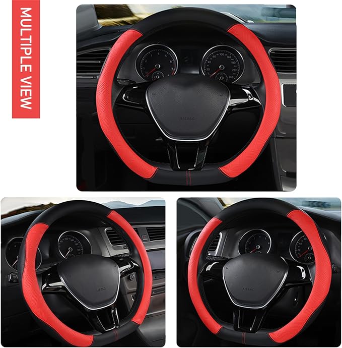D Shape Steering Wheel Cover - Microfiber Leather D Type, Breathable Anti-Slip Flat Bottom Shaped Steering Wheel Cover for Women & Men, 15 inch (RED)