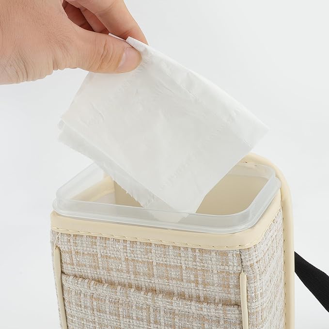 Car Trash Can Portable and Hanging 5.9" Length 4.3" Width 7.5" Height Trash Bin Fabric Beige 1 Pcs