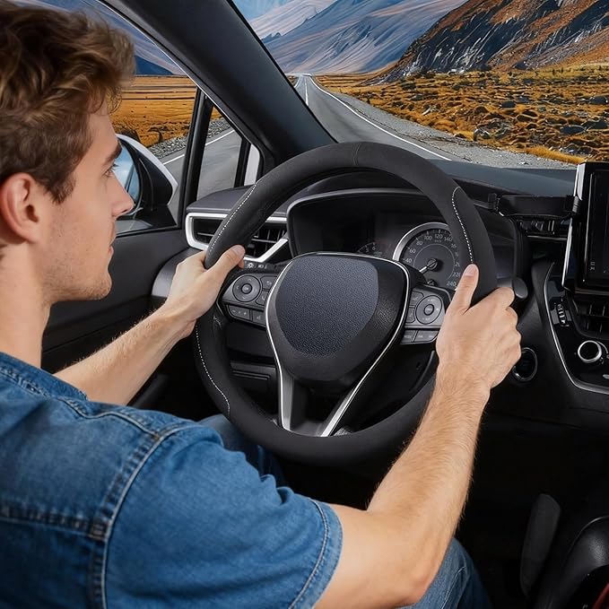 COFIT 15 inch Microfiber Suede Car Steering Wheel Cover, Universal Anti-Slip Grip Protector for SUV Truck, Black