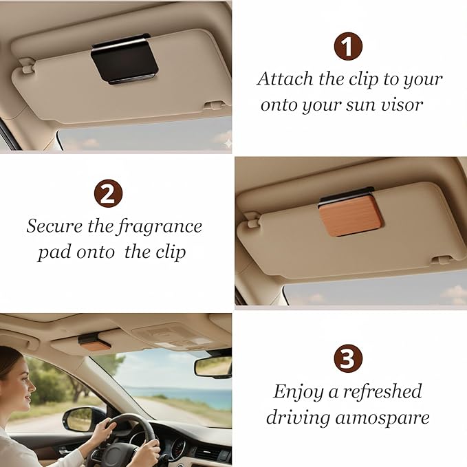 Wood Car Air Freshener - Natural Odor Eliminator & Long Lasting Scent Diffuser for Visor Clip - Car Interior Accessories for All Vehicles (Amber Starter Kit)