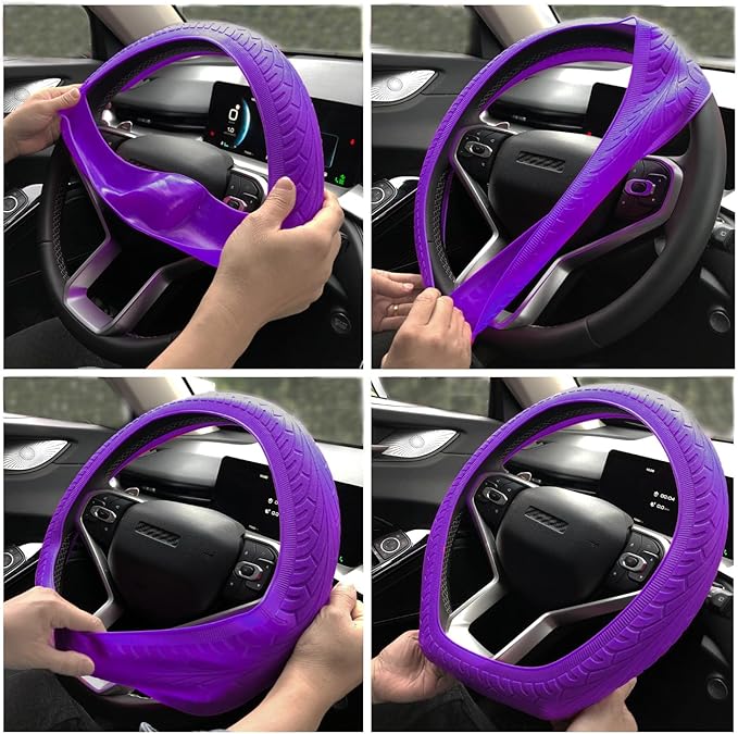 Universal Purple Steering Wheel Cover：13.5 to 15 Inches Stretchable Silicone Anti Skid Steering Wheel Protector Fit for Most Car Models Including Round D Shape or Special Shape