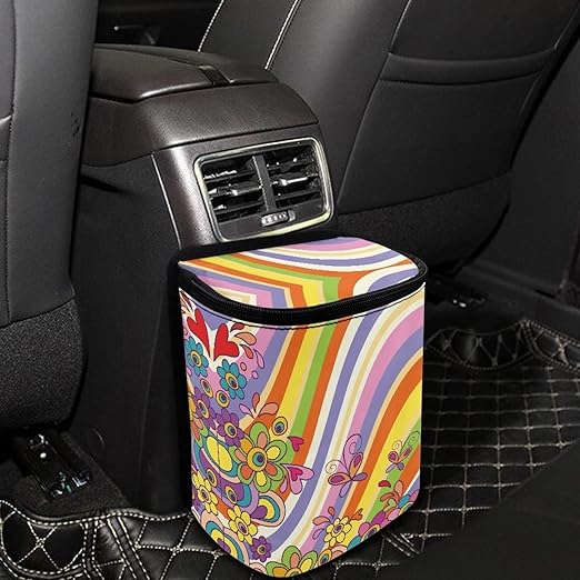 Colorful Hippie Butterfly Car Trash Can with Lid Hanging Trash Bag Leak-Proof Portable Garbage Bin Interior Car Organizer
