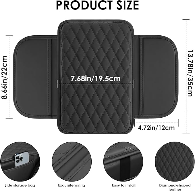 Car Center Console Cover, Leather Car Arm Rest Cover with 2 Storage Bags, Universal Auto Armrest Cushion Pad, Automobile Interior Accessories Protector for Most Vehicles, SUVs, Trucks (Black)