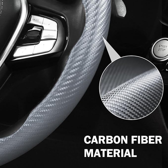 Carbon Fiber Steering Wheel Cover Anti-Slip Wrap Snap on Car Steering Wheel Accessories Grip 15 inch Universal 3pc Matte Gray