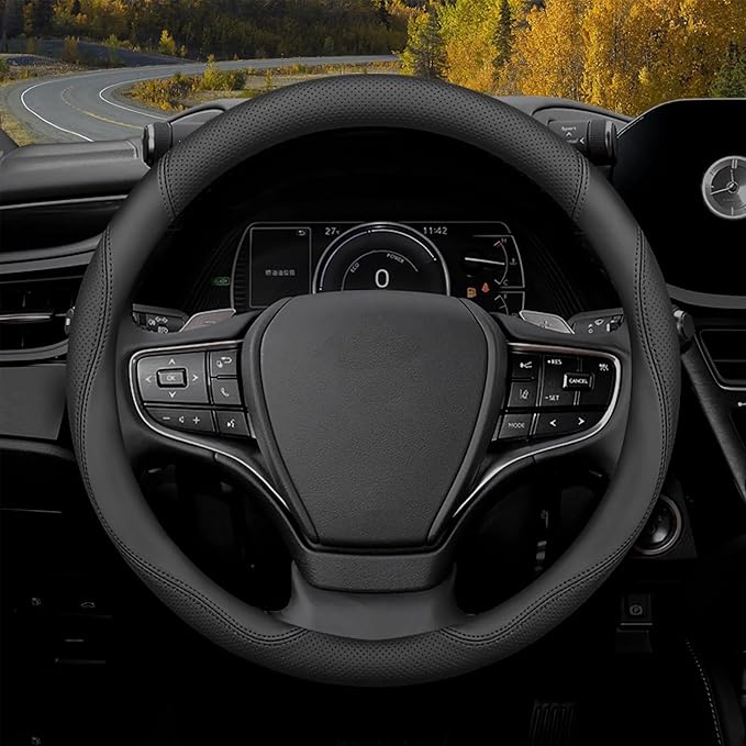 Mihecor Steering Wheel Cover Standard Size 14.5-15 inch, Breathable Microfiber Leather, Anti-Slip, Soft Grip, Fits Most Cars, SUVs, and Trucks, Black
