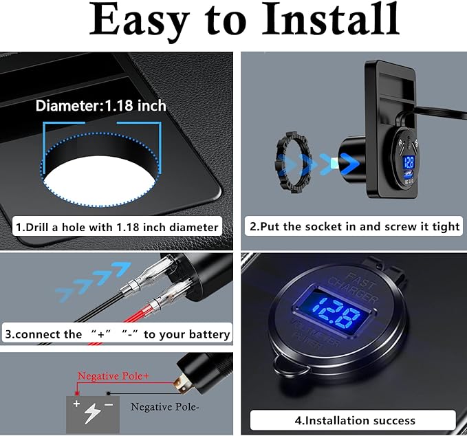 BATIGE 3 Ports Car Charger Socket Dual 45W PD Type C & 18W QC 3.0 with Voltmeter and Button Switch, USB Charger Socket for 12V/24V Car Boat Marine ATV Bus Truck RV Motorcycle