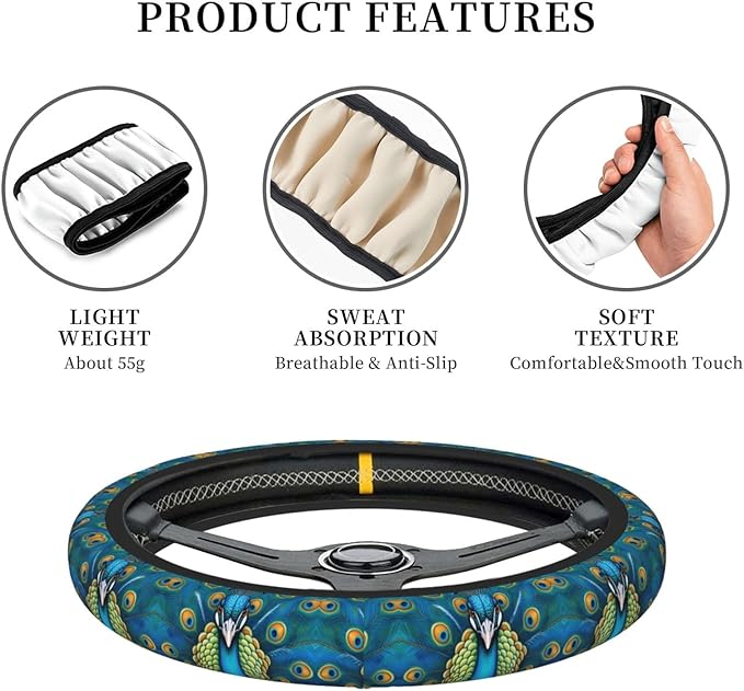 Peacock Feather Painting Universal Fit Steering Wheel Cover for Car, Truck, and SUV, Durable Steering Wheel Protection