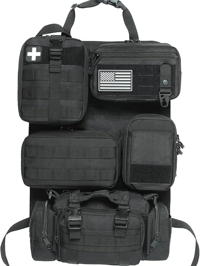 6 Pack Tactical Molle Car Seat Back Organizer - Tactical Vehicle Panel Organizer with 5 Detachable Molle Pouch,US Flag Patch and Keychain,Great Trunk Accessories for Man