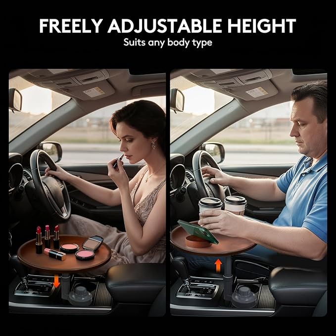 Ymipre Car Desk for Laptop & Car Table Tray, Height-Adjustable 360° Rotating Wood Car Laptop Mount, Cup Holder Table, Steering Wheel Tray, Compatible with Tesla & Most Vehicles