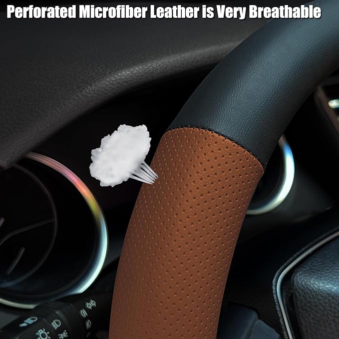 Mihecor Steering Wheel Cover Standard Size 14.5-15 inch, Non-Slip Car Wheel Cover Protector, Breathable Microfiber Leather, Black and Ochre Brown