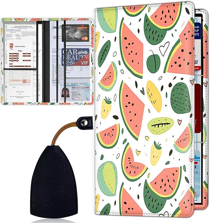 Car Registration Holder, Waterproof PU Leather Vehicle Card Document Glove Box Organizer, Women Interior Auto Accessories Case for Cards, Driver License Car Insurance Holder, Watermelon Fruit Pattern