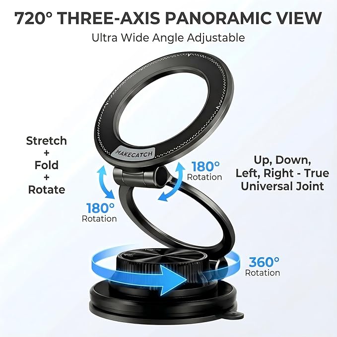 makecatch Vacuum Magnetic Car Phone Mount, 120+LB N55 Magnet (3000gf) Dashboard & Windshield Holder with Ultra-Stable Suction Cup, Foldable 0.83in Compact Car Mount for iPhone Samsung –Black