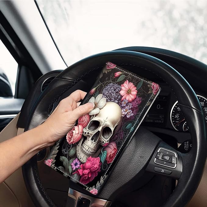 Mxfdegf Car Registration & Insurance Holder, Leather Glove Box Organizer, Cool Accessories for ID, Driver's License Cards & Essential Documents, Men & Women's Business Cards, Rose Skull Flower
