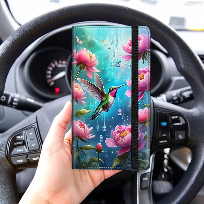 Tudguiloae Car Registration and Insurance Card Holder, Trunk Document Holder Organizer, Essential Vehicle Glove Box Organizer PU Leather Wallet for Driver,Hummingbird Garden