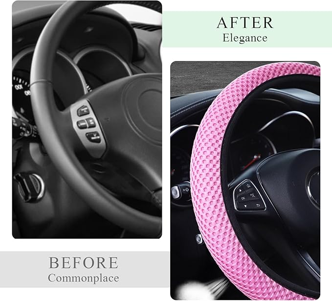 Elastic Steering Wheel Cover, 15"×15" Comfy Breathable Stretch Steering Wheel Protector, Ice-Silk Cloth Polyester Steering Wheel Cover for Men Women, Car Accessories (Pink)