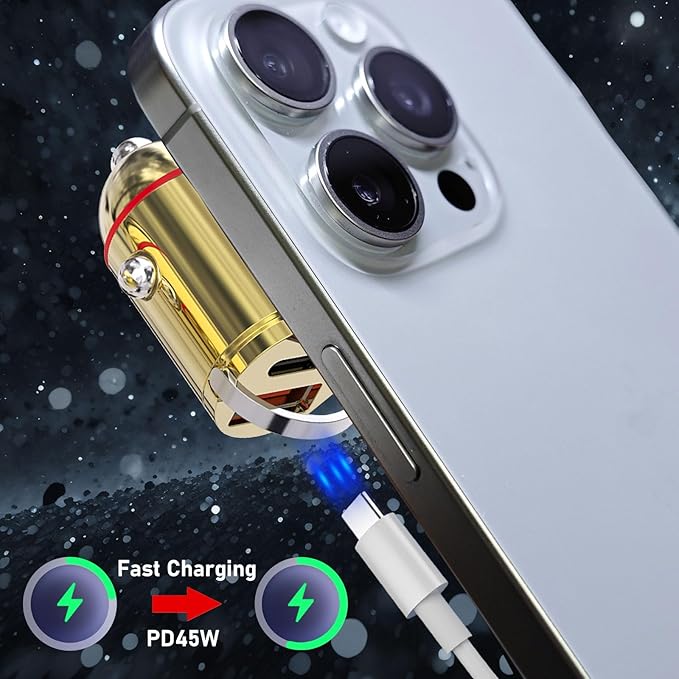 USB Car Charger Adapter Fast Charging PD45W+QC3.0 Dual Port Cigarette Lighter Charger for iPhone 16/15/14/13/12/11/Pro Max, iPad, Samsung Galaxy S25 S24/S23/S22/S21, Pixel, Android -Golden