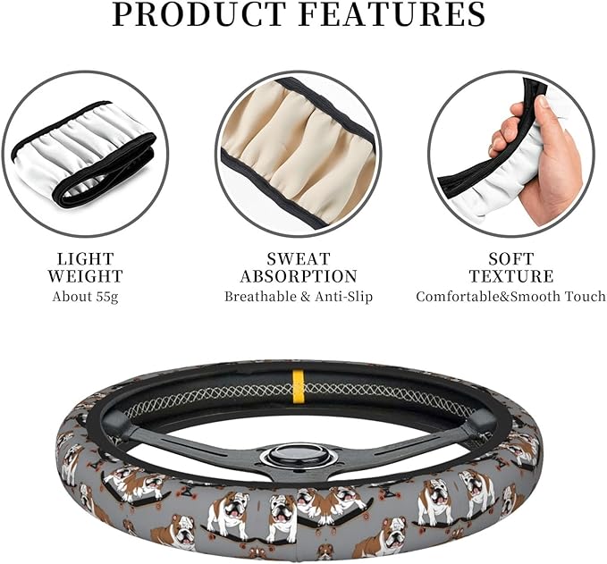 English Bulldog Skateboard Neoprene Steering Wheel Covers Women Men Car Accessories, Universal 15 Inch Fit Auto, Suvs, Truck