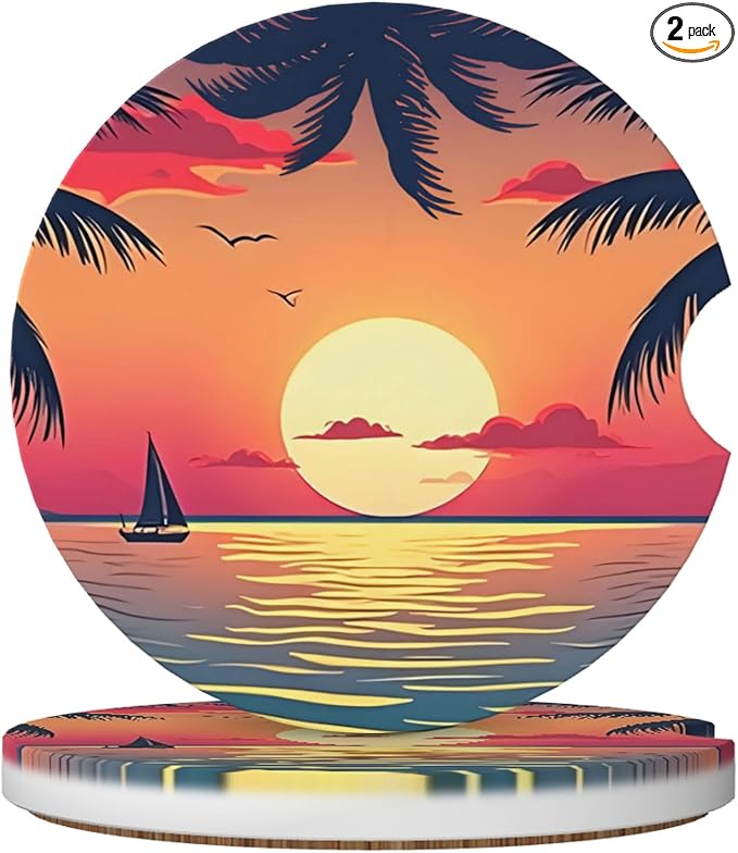 HUWAAI Beach Sunset Palm Trees Car Cup Holder Coasters 2 Pack Universal 2.63 Inch Anti Slip Ceramic Absorbent Coaster with Cork Base and Finger Notch Cute Car Accessories Interior for Women