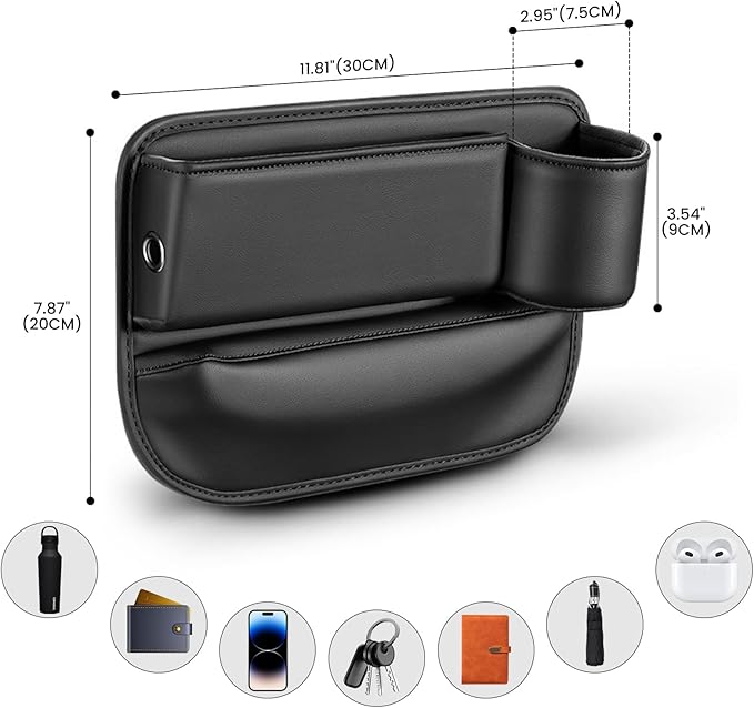 2 Pcs Car Seat Gap Filler Organizer with 2 Hooks, Left & Right Side Storage Box for Phones, Keys, Sunglasses, Keeps Cabin Organized & Prevents Items from Dropping.